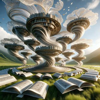 The primary subject of the image is a large, intricate tree made of books. The tree is surrounded by a lush green field, creating a serene and peaceful atmosphere. The visual style of the image is digital art, as it appears to be a computer-generated or digitally manipulated scene. The colors are predominantly green, as the tree is made of books, and the overall mood is one of creativity and imagination.